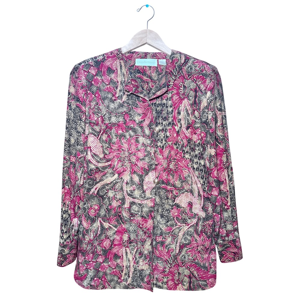 Dana Buchman Silk Blouse Womens 4 Pink Black Floral Batik Long Sleeve Button Up